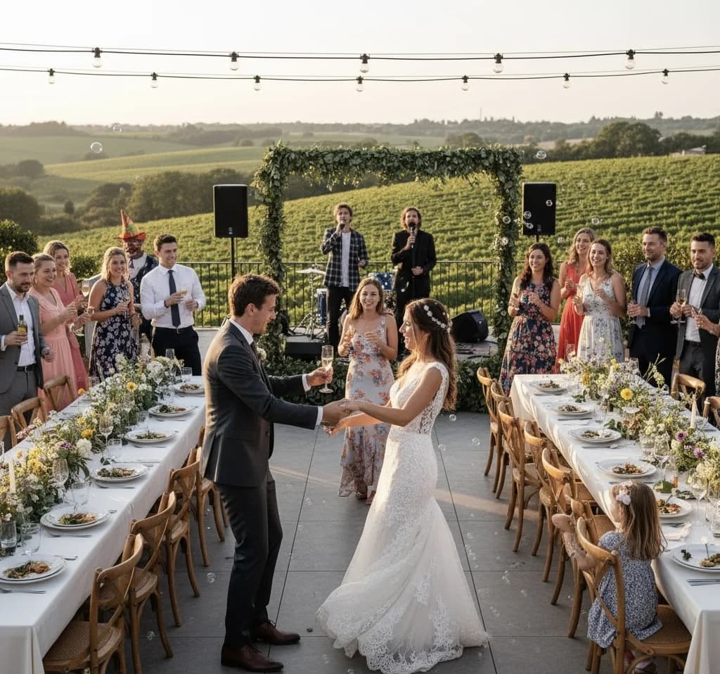 Wedding guests celebrating outdoors