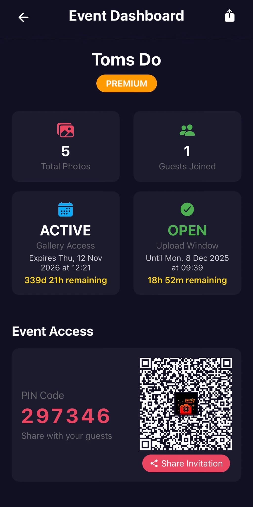 PartyShare host dashboard